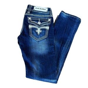 Rock Revival Madison Straight Leg Jean Distressed Denim Sz 27 Flap Pocket Sequin